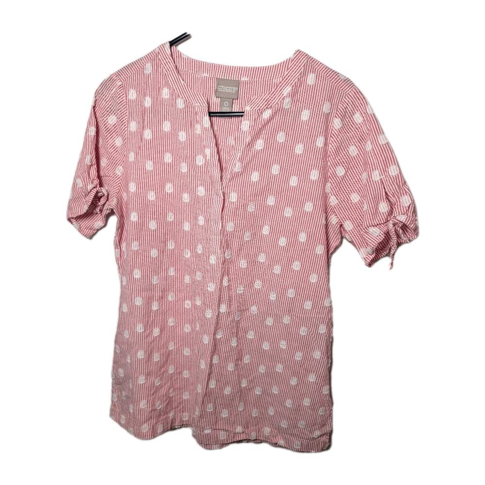 Chico’s Blouse Shirt Polka Dot Button Up Women's Size Small Striped Cottagecore